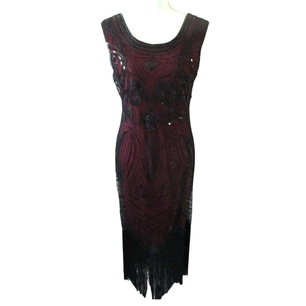 Beaded Burgundy Sleeveless Fringe Midi Dress